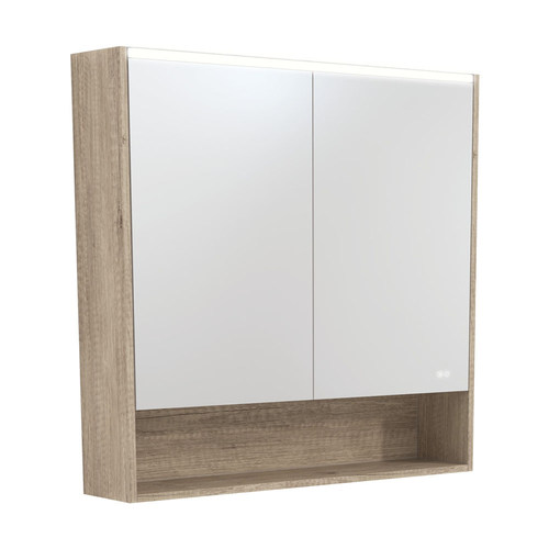LED Mirror Cabinet with Side Panels Scandi Oak Display Shelf 900mm