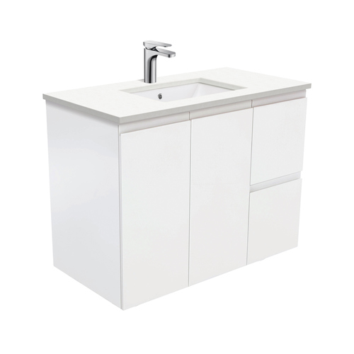 Crystal Pure Fingerpull satin white 900 wall hung vanity right drawers