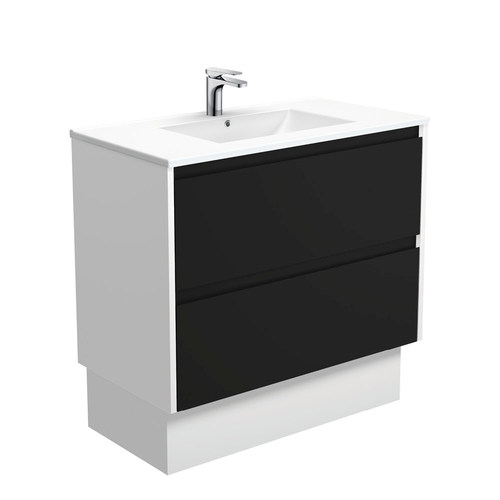 Dolce amato 900mm satin black vanity on kickboard with satin white panels