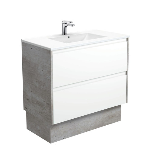 Dolce amato 900mm satin white vanity on kickboard with industrial panels