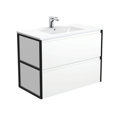 Dolce amato 900mm satin white wall hung vanity with matte black frames