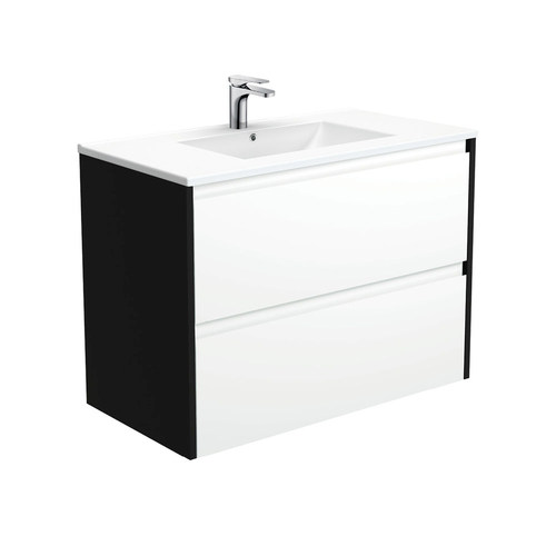 Dolce amato 900mm satin white wall hung vanity with satin black panels