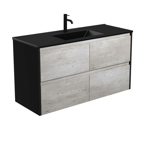 Dolce matte black amato 1200mm industrial wall hung vanity with satin black panels