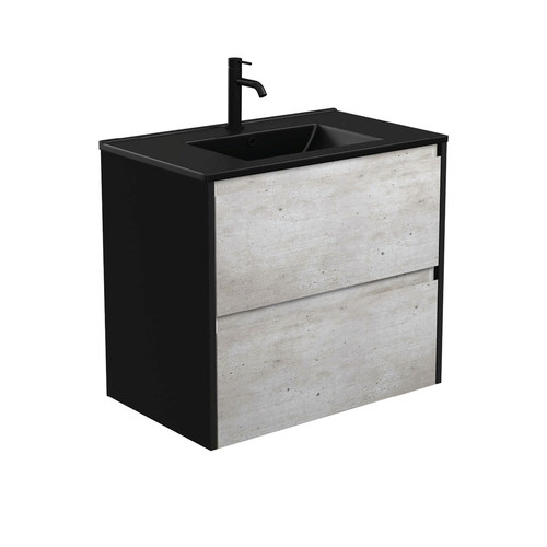 Dolce matte black amato 750mm industrial wall hung vanity with satin black panels