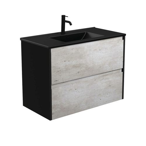 Dolce matte black amato 900mm industrial wall hung vanity with satin black panels