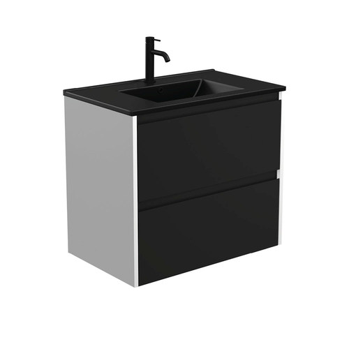 Dolce matte black amato 750mm satin black wall hung vanity with satin white panels
