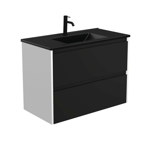 Dolce matte black amato 900mm satin black wall hung vanity with satin white panels