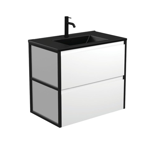 Dolce matte black amato 750mm satin white wall hung vanity with matte black frames