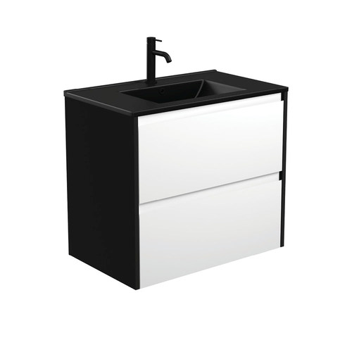 Dolce matte black amato 750mm satin white wall hung vanity with satin black panels