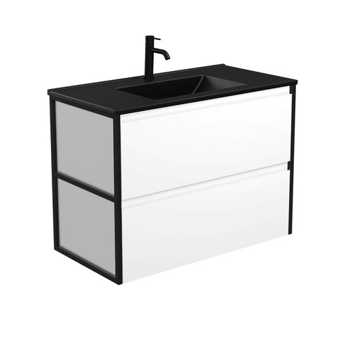 Dolce matte black amato 900mm satin white wall hung vanity with matte black frames