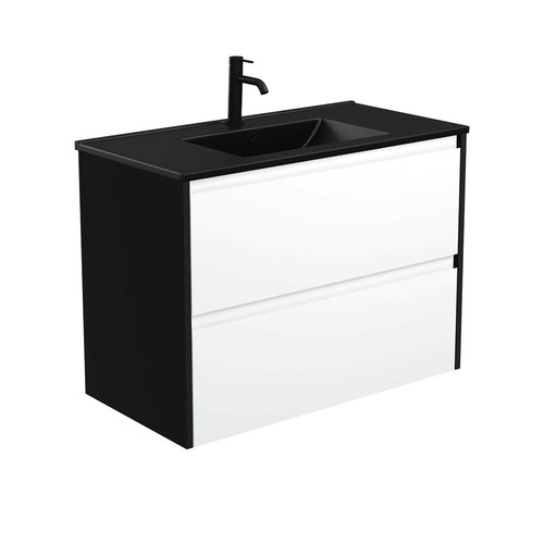 Dolce matte black amato 900mm satin white wall hung vanity with satin black panels