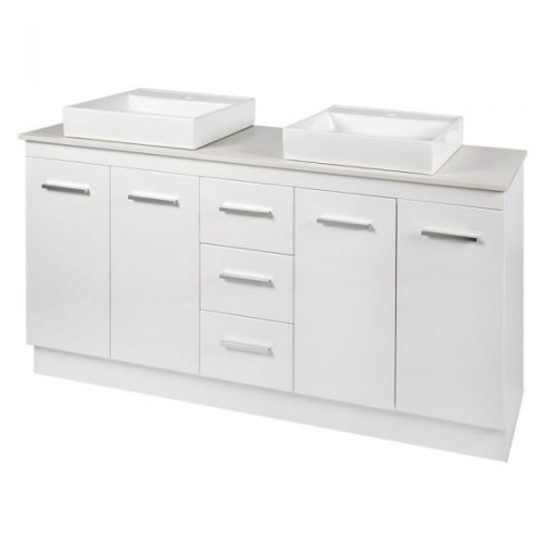Maddison 1500 White Gloss Vanity on Kickboard Double Basin with Above Counter Basin
