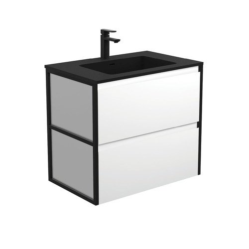 Montana amato 750mm satin white wall hung vanity with matte black frames