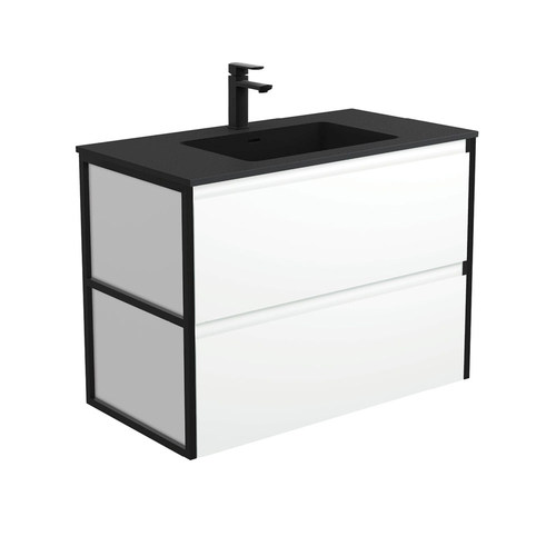 Montana amato 900mm satin white wall hung vanity with matte black frames