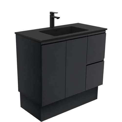 Montana fingerpull 900mm satin black vanity on kickboard right drawers