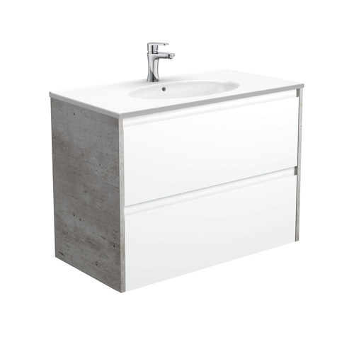 Rotondo amato 900mm satin white wall hung vanity with industrial panels