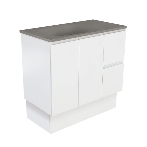 Satori fingerpull 900mm satin white vanity on kickboard right drawers